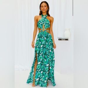 Hello Molly Green Floral Maxi Dress with Cutouts